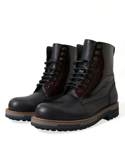 Dolce &amp; Gabbana Black Leather Military Combat Boots Shoes