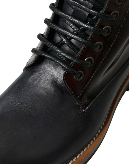 Dolce &amp; Gabbana Black Leather Military Combat Boots Shoes