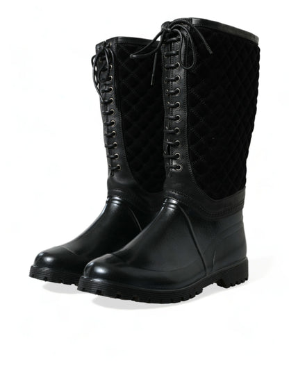 Dolce &amp; Gabbana Black Chioggia Rubber Suede Rain Boots Shoes