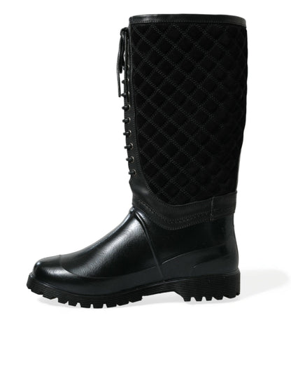Dolce &amp; Gabbana Black Chioggia Rubber Suede Rain Boots Shoes