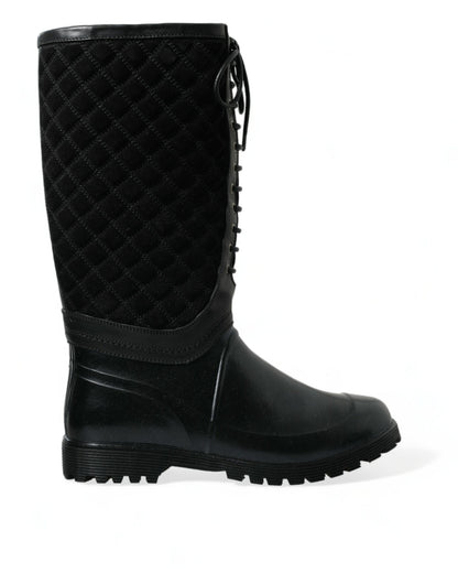 Dolce &amp; Gabbana Black Chioggia Rubber Suede Rain Boots Shoes