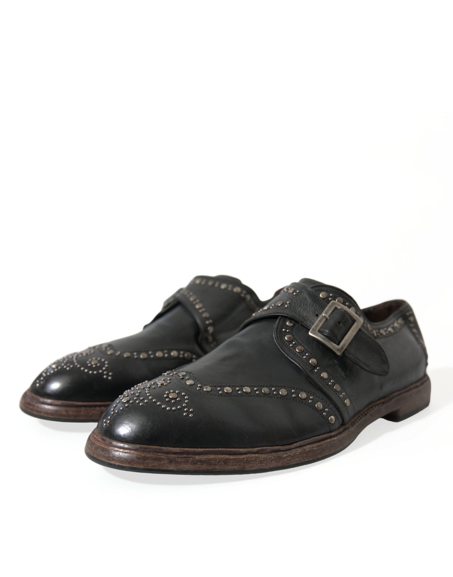 Dolce &amp; Gabbana Black Leather Monk Strap Studded Dress Shoes