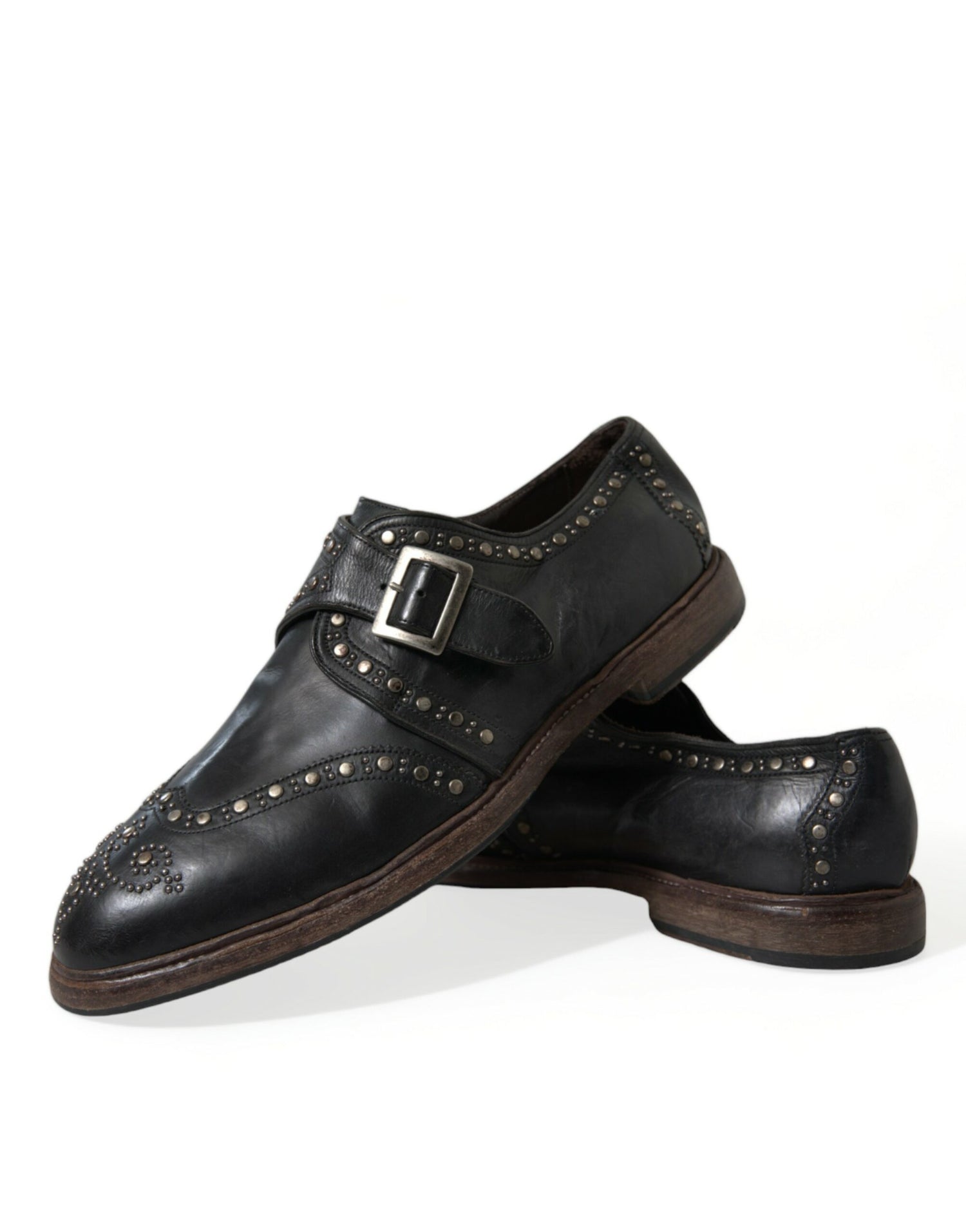 Dolce &amp; Gabbana Black Leather Monk Strap Studded Dress Shoes