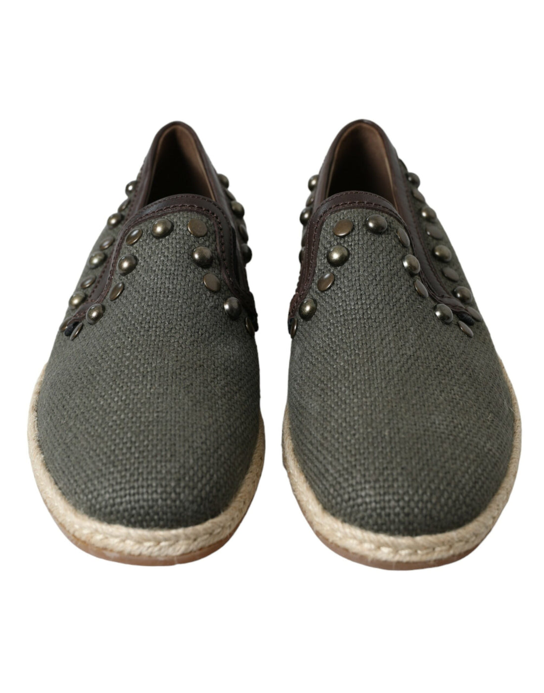 Dolce &amp; Gabbana Gray Linen Leather Studded Loafers Shoes