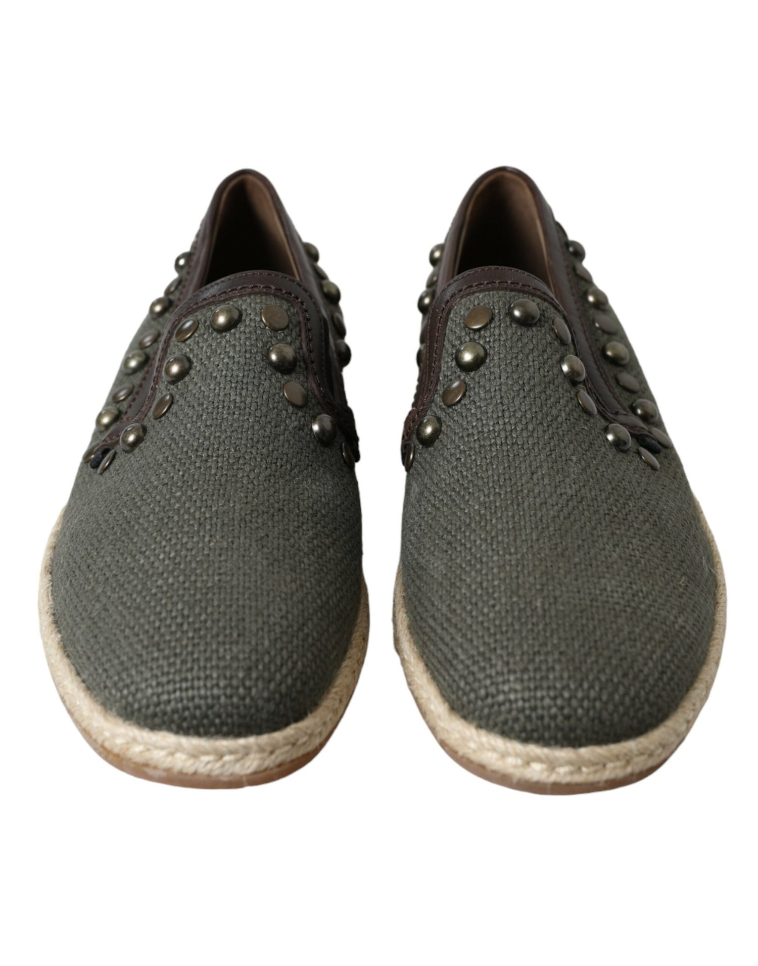 Dolce &amp; Gabbana Gray Linen Leather Studded Loafers Shoes