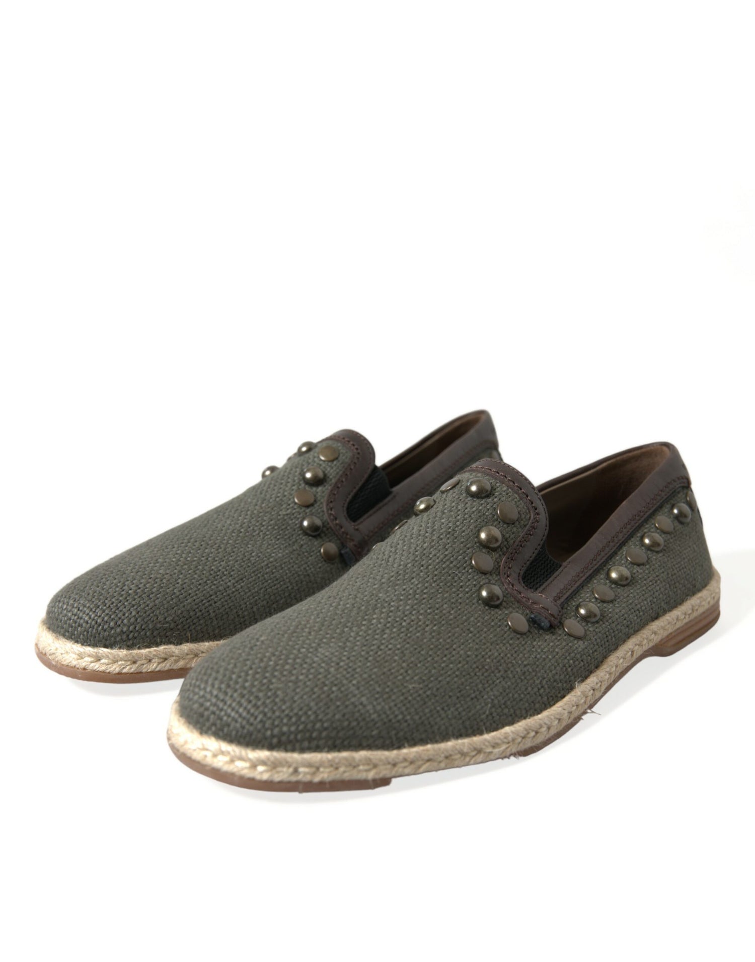 Dolce &amp; Gabbana Gray Linen Leather Studded Loafers Shoes