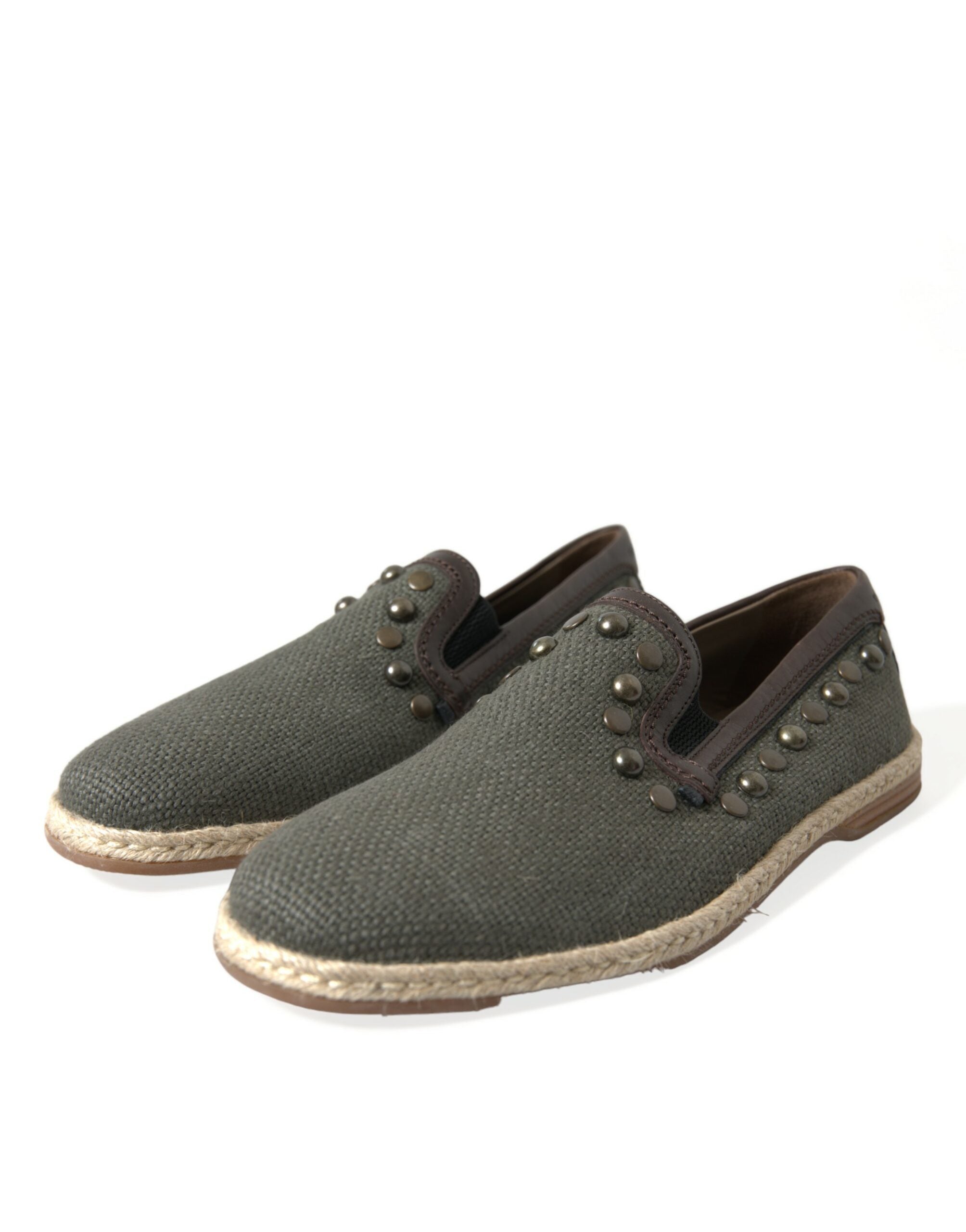 Dolce &amp; Gabbana Gray Linen Leather Studded Loafers Shoes