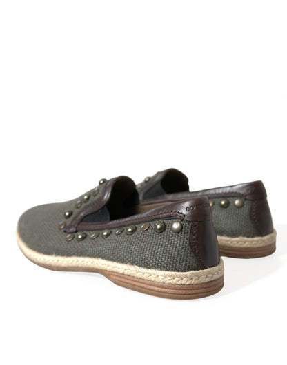 Dolce &amp; Gabbana Gray Linen Leather Studded Loafers Shoes