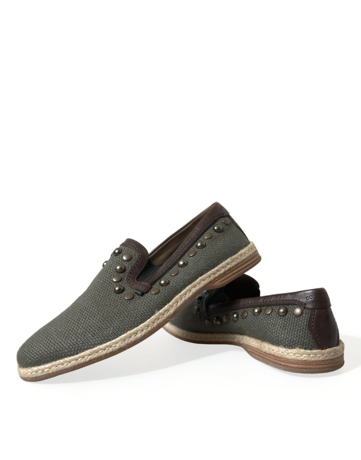 Dolce &amp; Gabbana Gray Linen Leather Studded Loafers Shoes