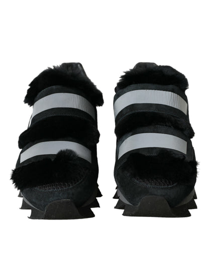 Dolce &amp;amp; Gabbana Svarta Pälsutsmyckade Mocka Sneakers Skor