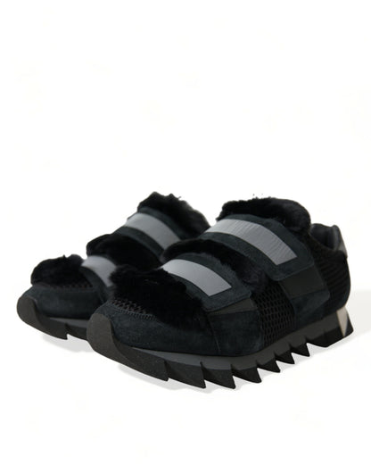 Dolce &amp;amp; Gabbana Svarta Pälsutsmyckade Mocka Sneakers Skor