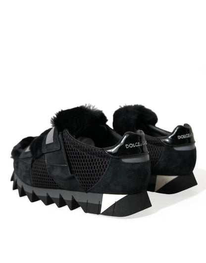 Dolce &amp;amp; Gabbana Svarta Pälsutsmyckade Mocka Sneakers Skor