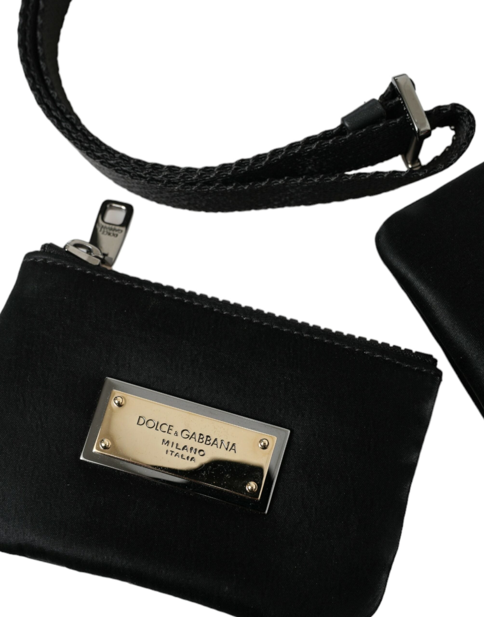 Dolce &amp; Gabbana Black Nylon Logo Plaque Keyring Pouch Clutch Bag