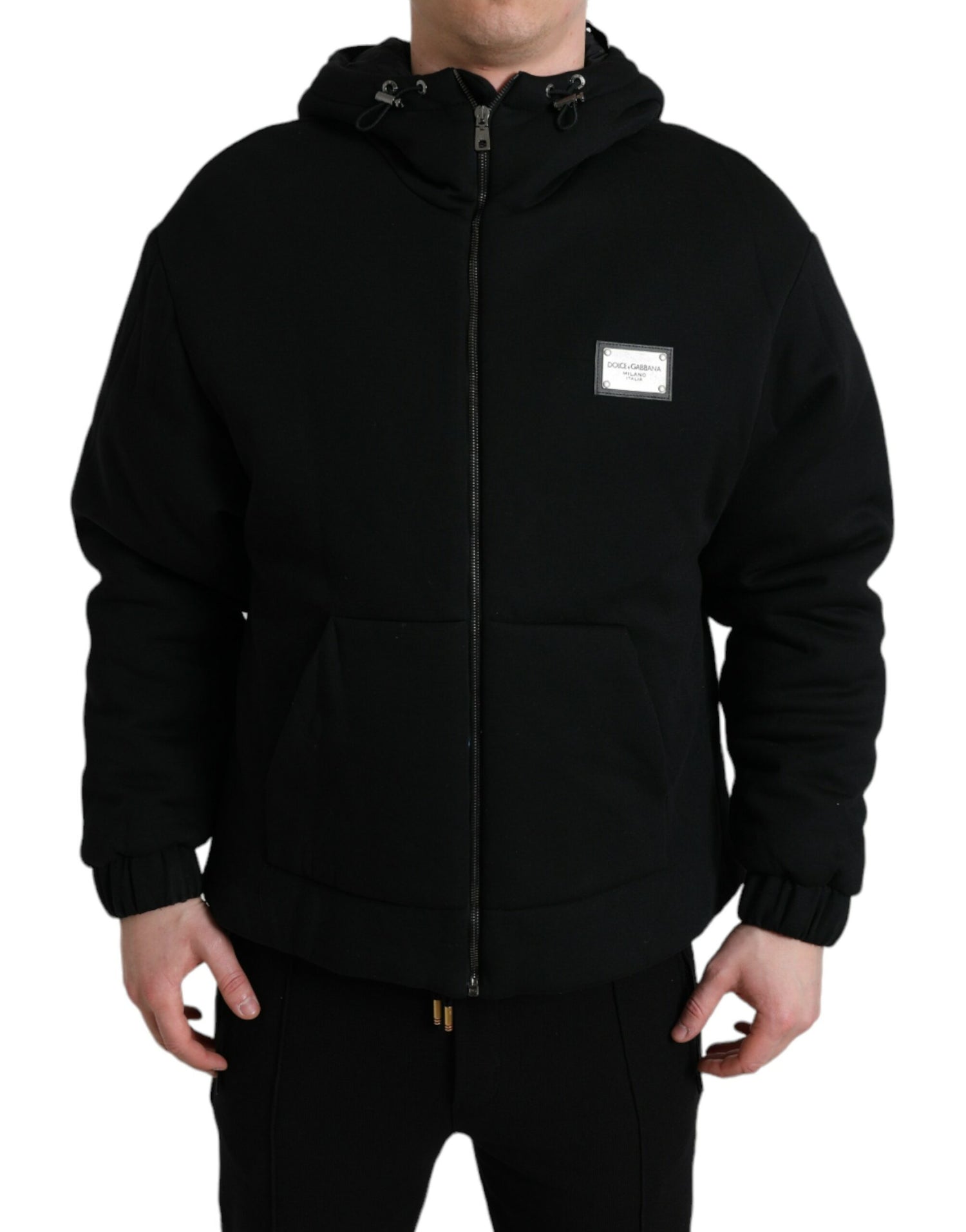 Dolce &amp; Gabbana Black Cotton Hooded Logo Bomber Jacket
