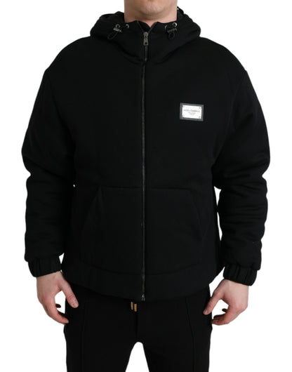 Dolce &amp; Gabbana Black Cotton Hooded Logo Bomber Jacket