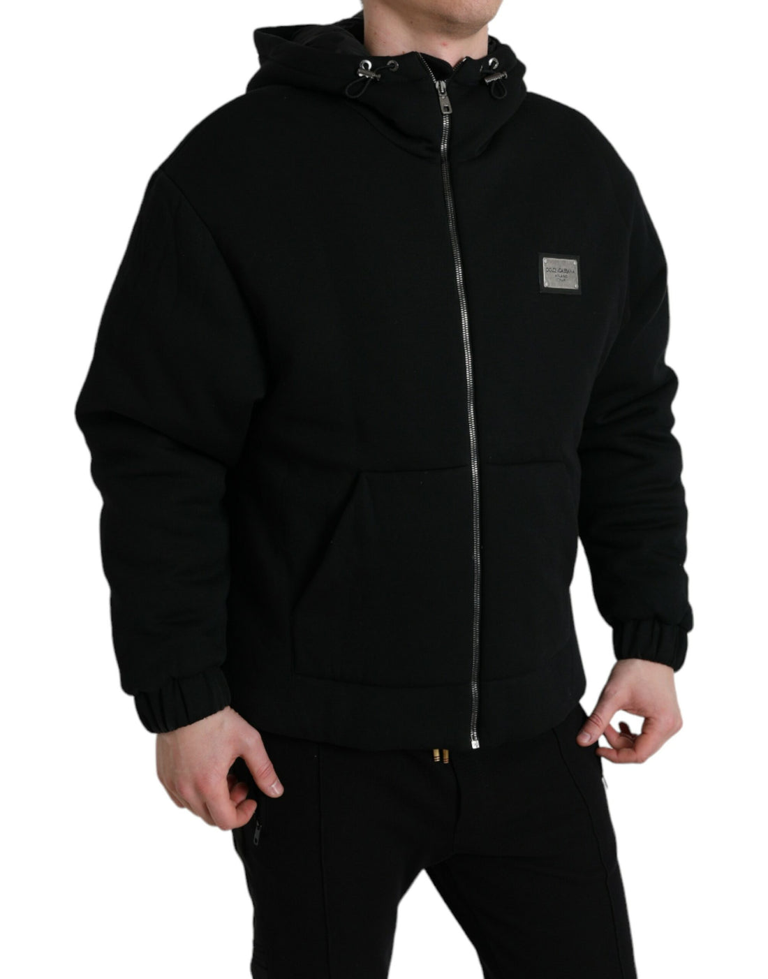 Dolce &amp; Gabbana Black Cotton Hooded Logo Bomber Jacket