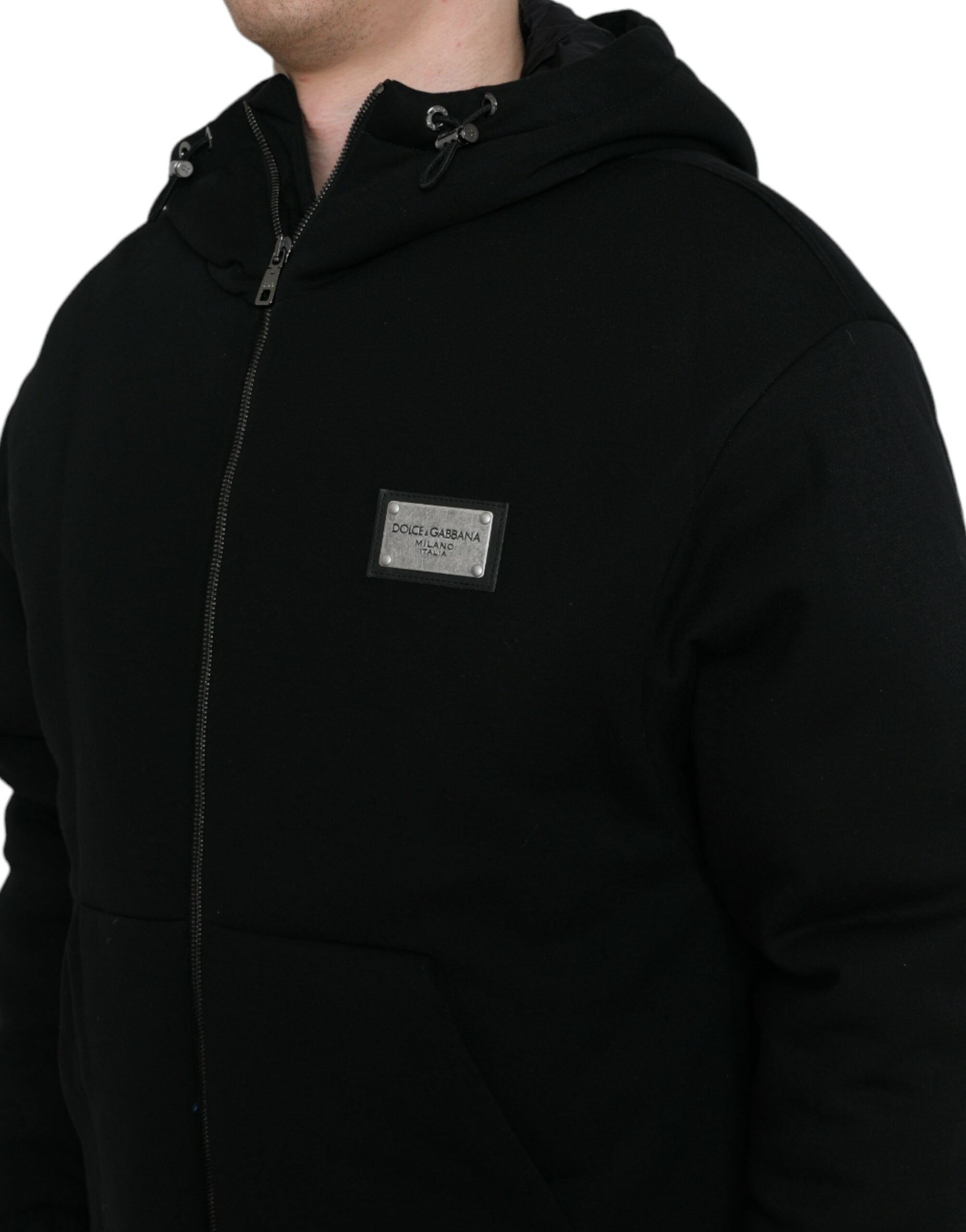 Dolce &amp; Gabbana Black Cotton Hooded Logo Bomber Jacket