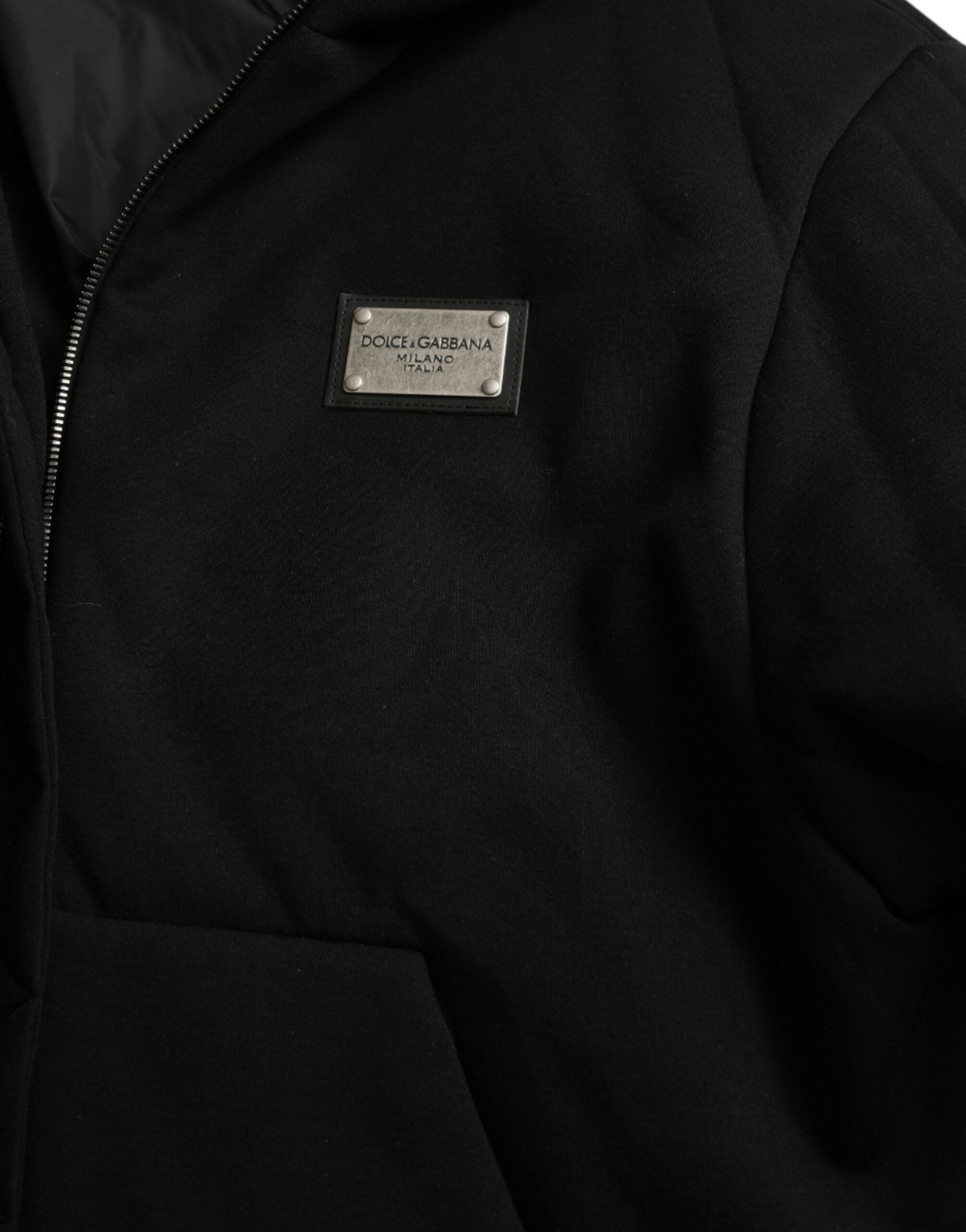 Dolce &amp; Gabbana Black Cotton Hooded Logo Bomber Jacket