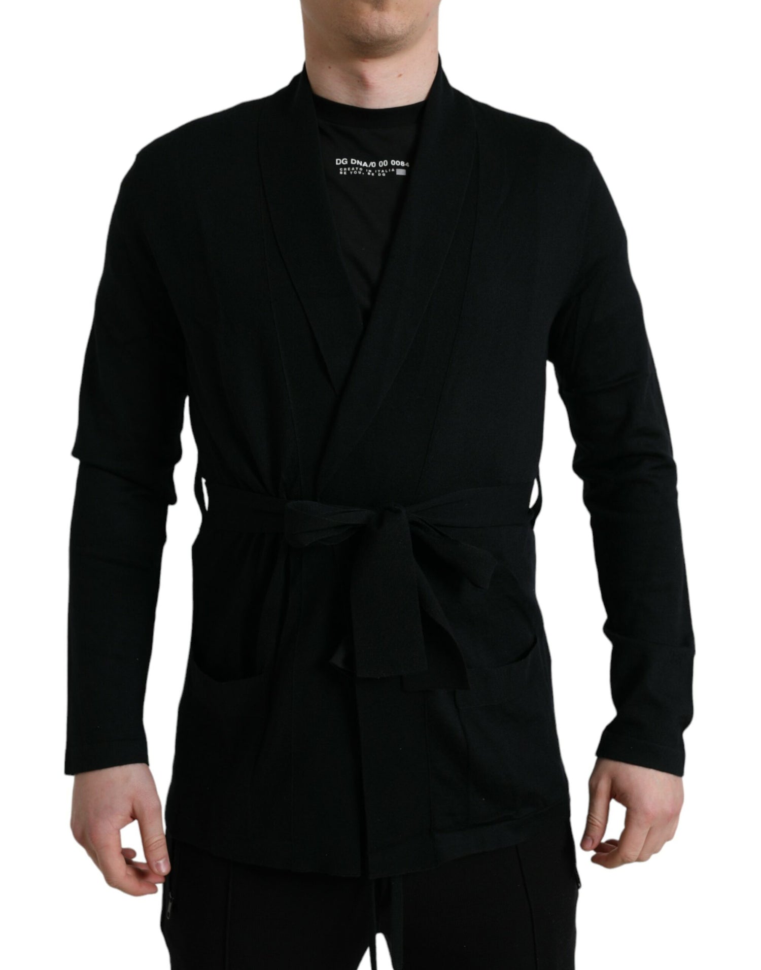 Dolce &amp; Gabbana Black Cashmere Long Sleeves Belted Wrap Robe