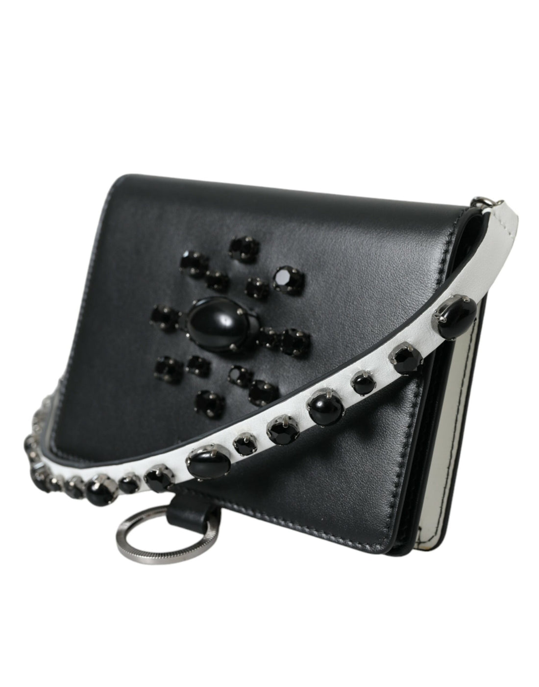 Dolce &amp; Gabbana Black White Leather Crystal Embellished Cardholder Wallet