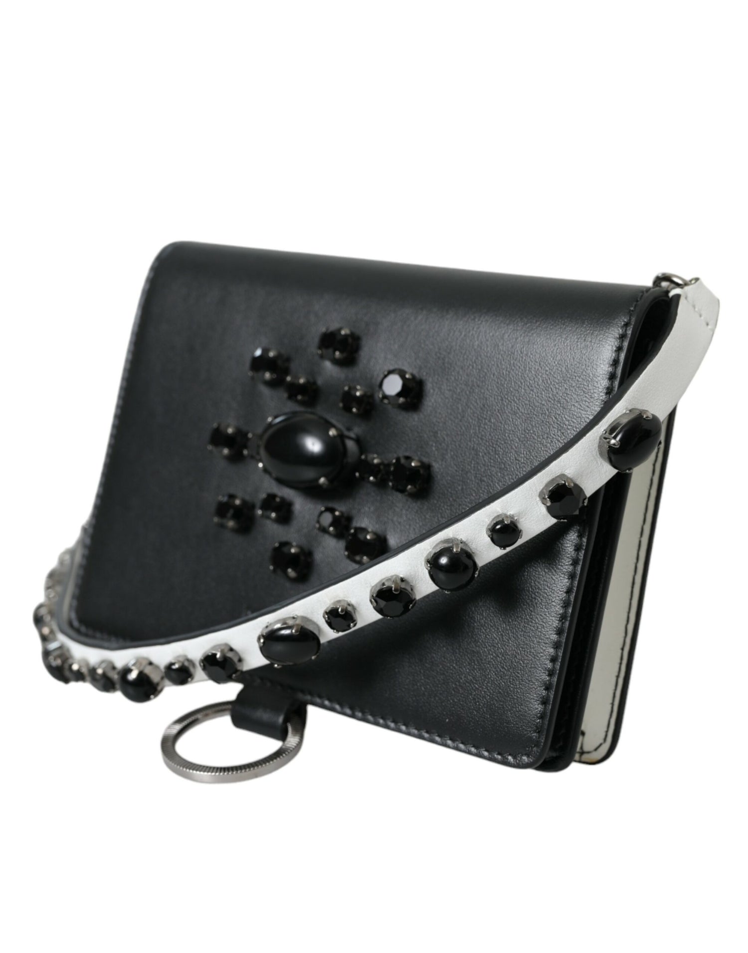 Dolce &amp; Gabbana Black White Leather Crystal Embellished Cardholder Wallet