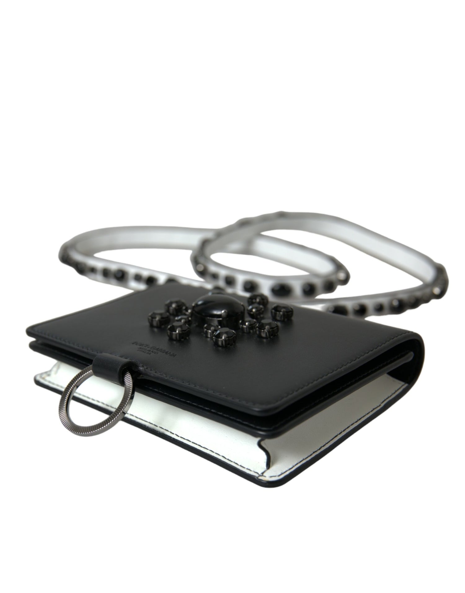 Dolce &amp; Gabbana Black White Leather Crystal Embellished Cardholder Wallet