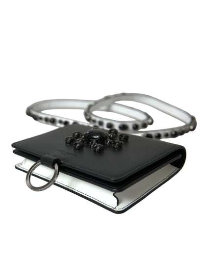 Dolce &amp; Gabbana Black White Leather Crystal Embellished Cardholder Wallet