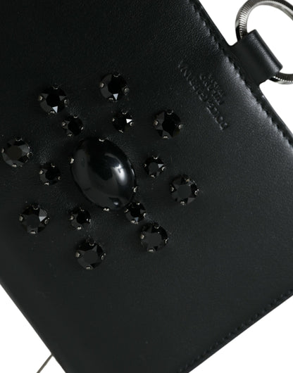 Dolce &amp; Gabbana Black White Leather Crystal Embellished Cardholder Wallet