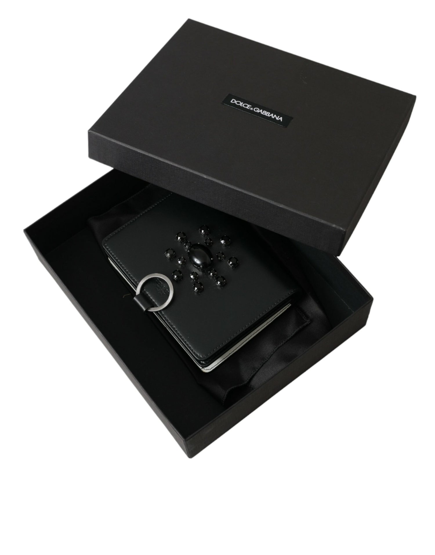 Dolce &amp; Gabbana Black White Leather Crystal Embellished Cardholder Wallet
