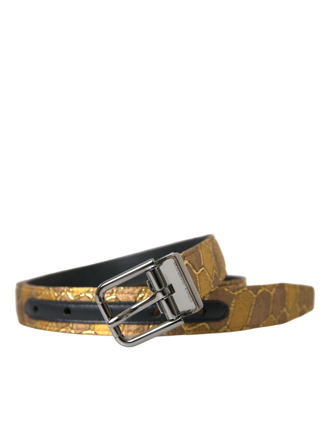 Dolce &amp;amp; Gabbana Guldfärgat Läderbälte med Jacquard Silverfärgat Metallspänne