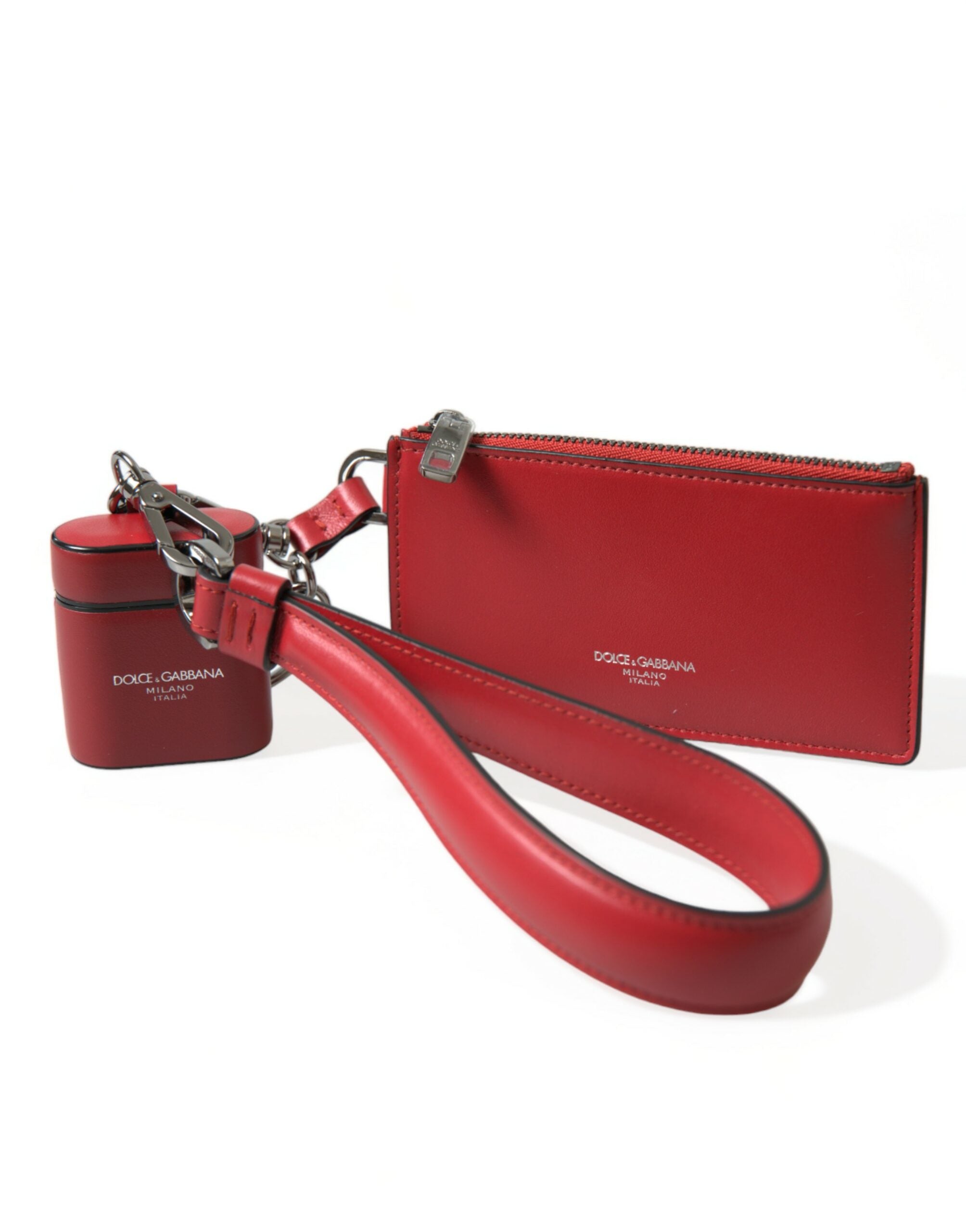 Dolce &amp; Gabbana Red Leather Silver Metal Logo Strap Pouch Airpods Case