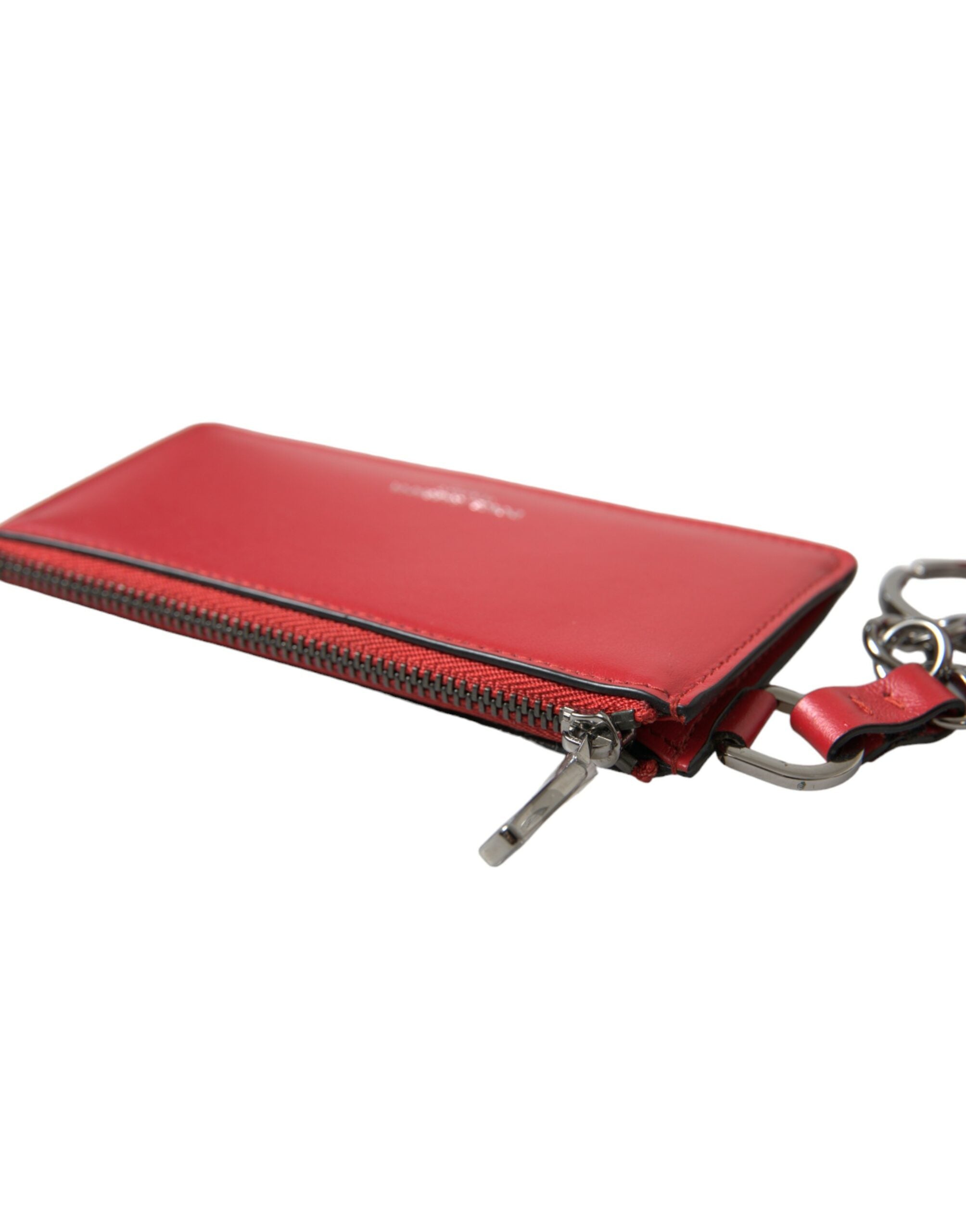 Dolce &amp; Gabbana Red Leather Silver Metal Logo Strap Pouch Airpods Case