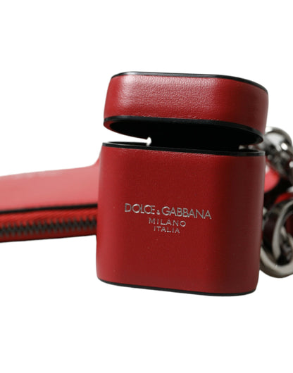 Dolce &amp; Gabbana Red Leather Silver Metal Logo Strap Pouch Airpods Case
