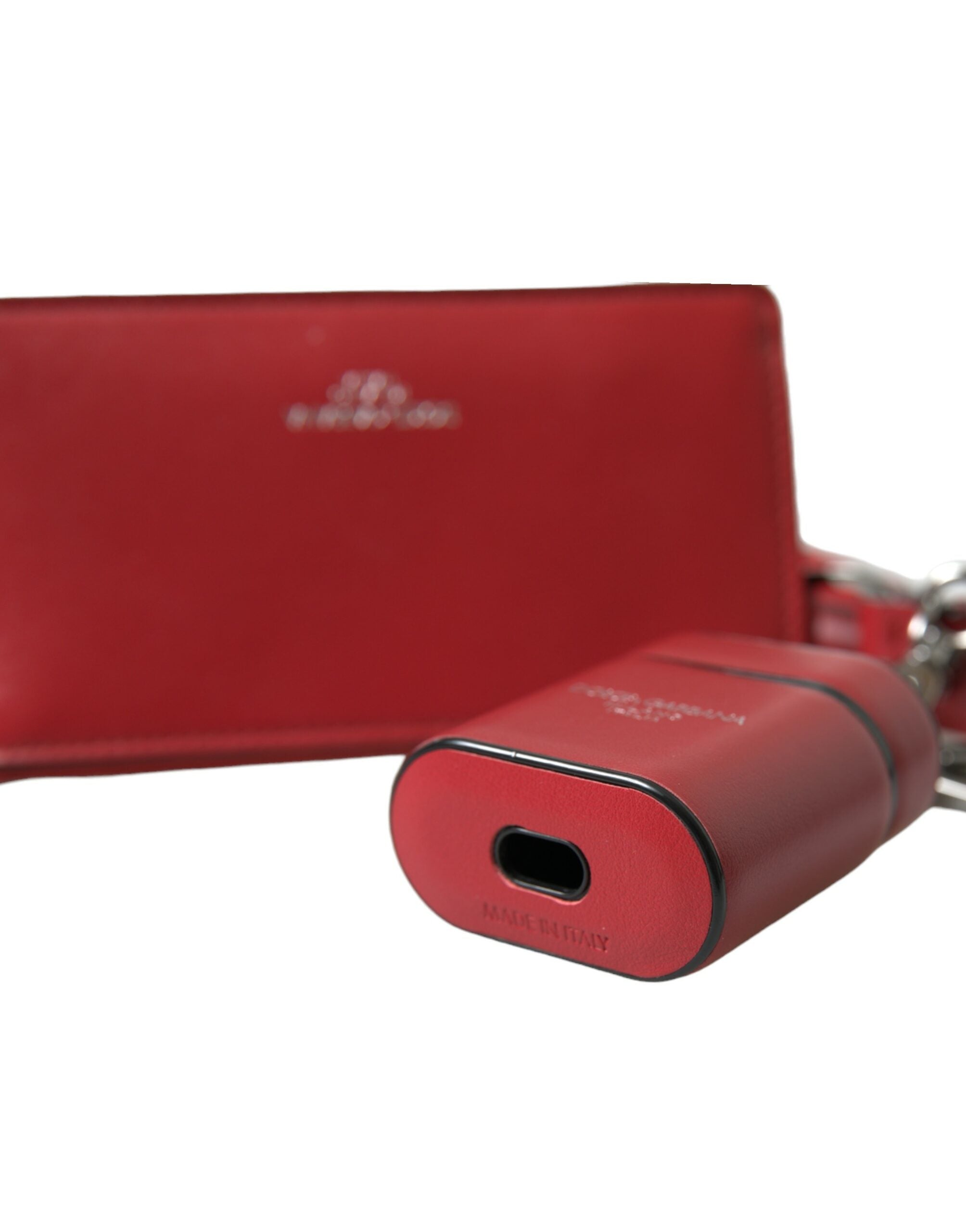 Dolce &amp; Gabbana Red Leather Silver Metal Logo Strap Pouch Airpods Case