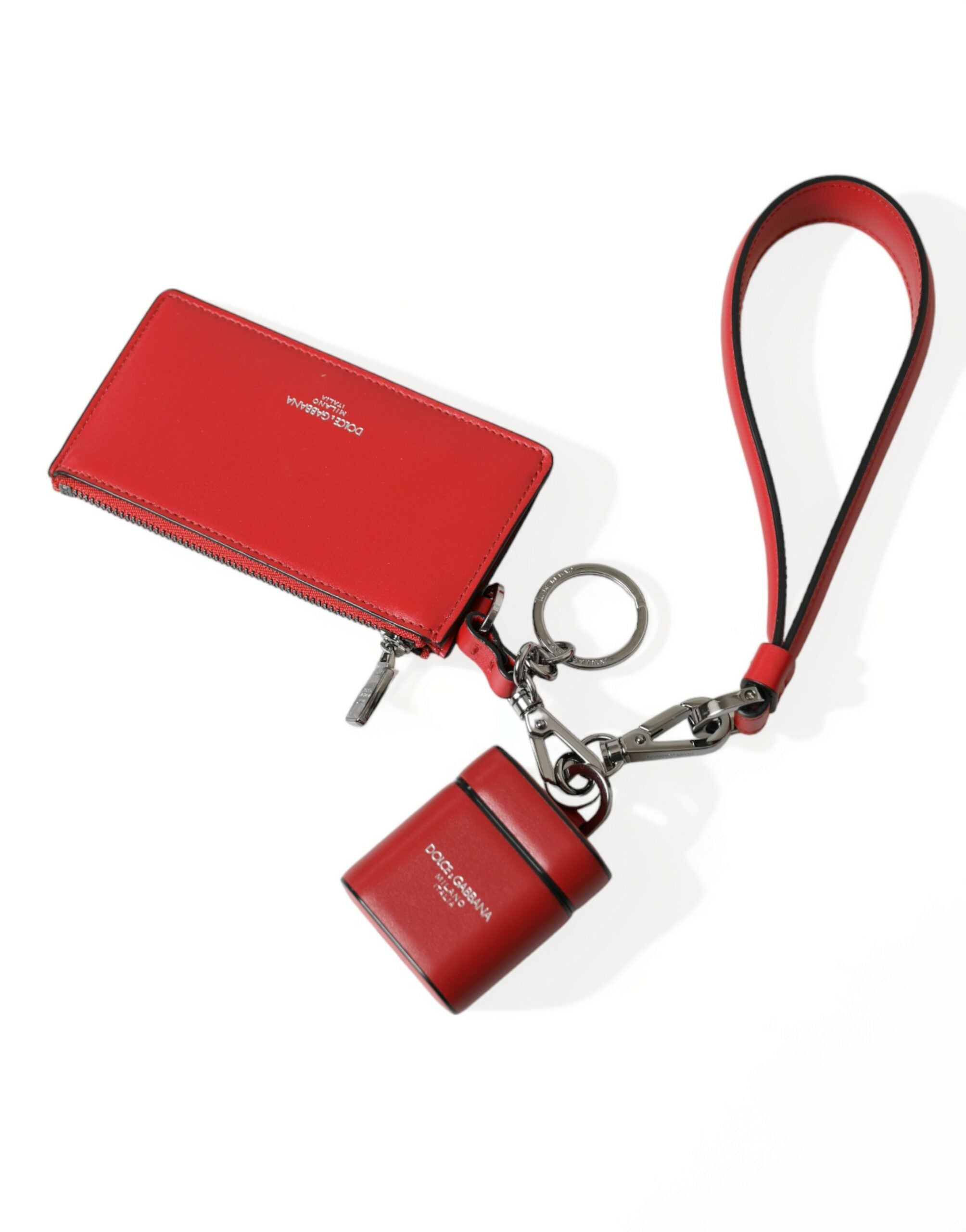 Dolce &amp; Gabbana Red Leather Silver Metal Logo Strap Pouch Airpods Case