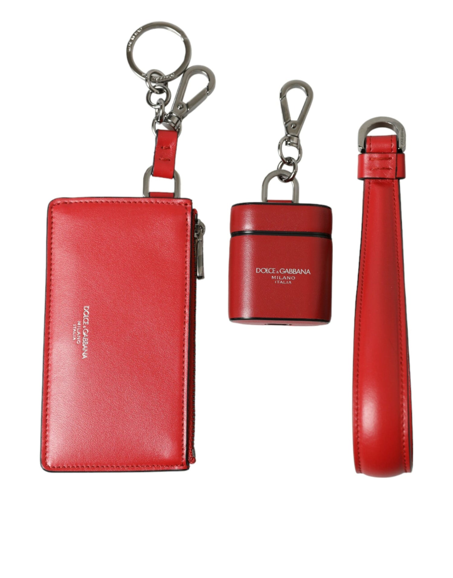 Dolce &amp; Gabbana Red Leather Silver Metal Logo Strap Pouch Airpods Case