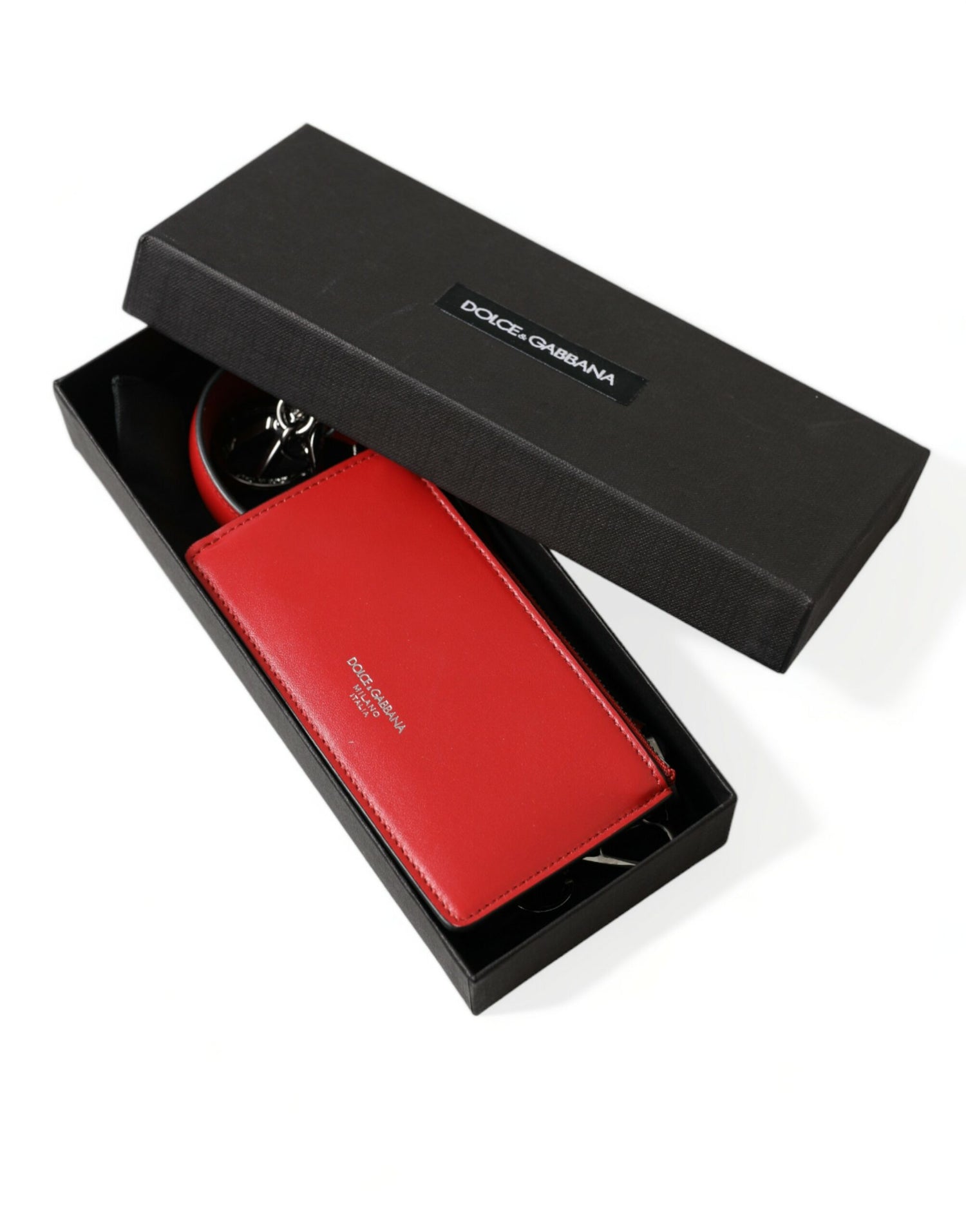 Dolce &amp; Gabbana Red Leather Silver Metal Logo Strap Pouch Airpods Case