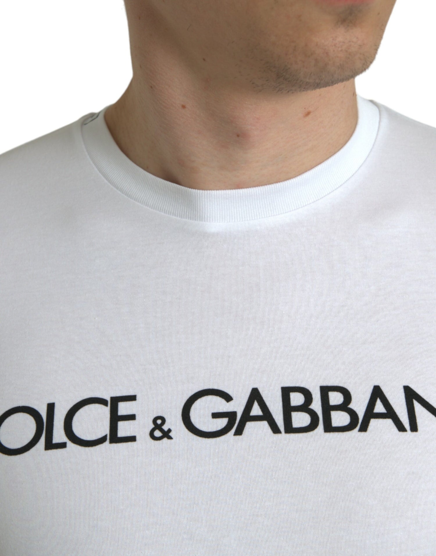Dolce &amp; Gabbana White Logo Print Cotton Crew Neck T-shirt