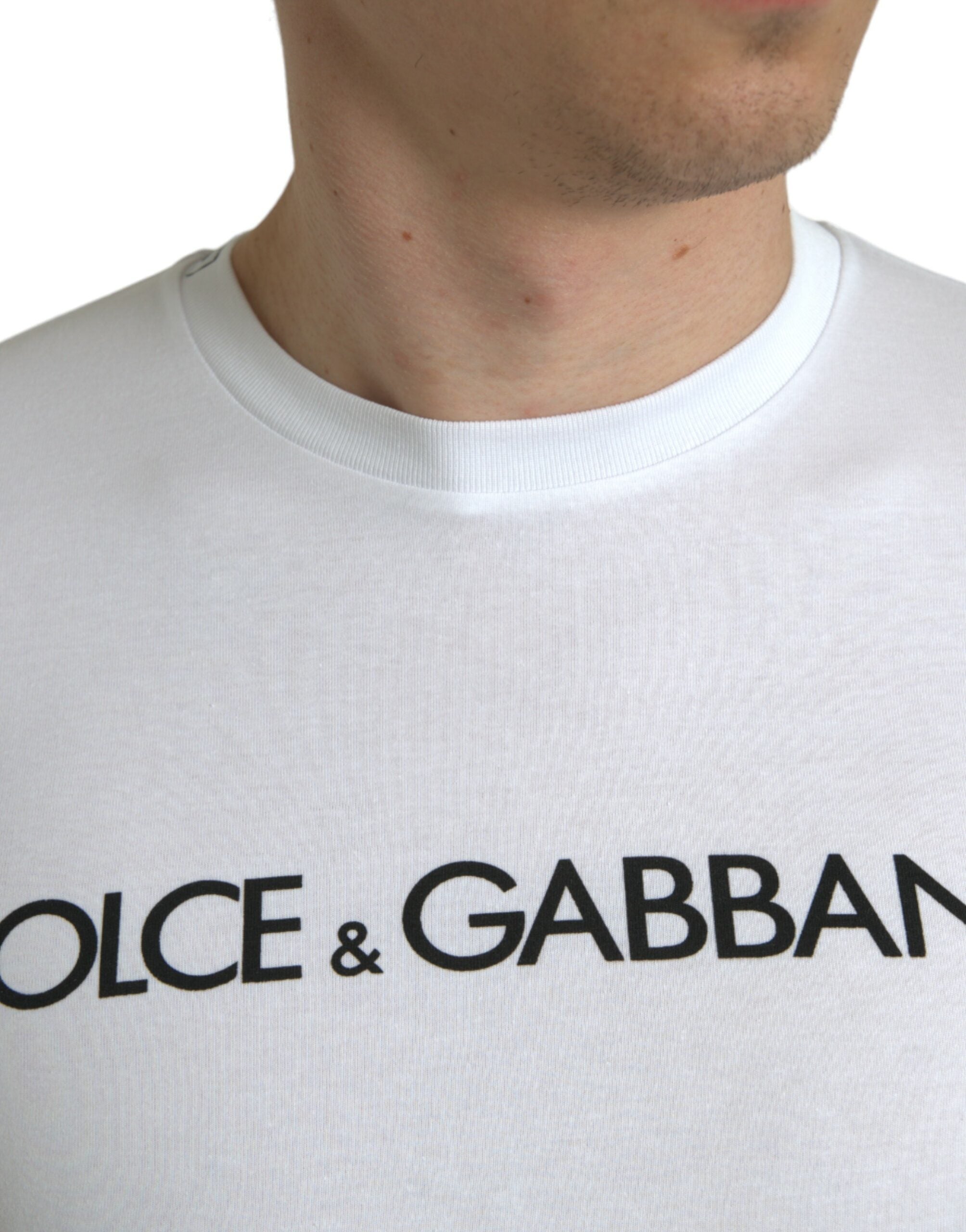 Dolce &amp; Gabbana White Logo Print Cotton Crew Neck T-shirt