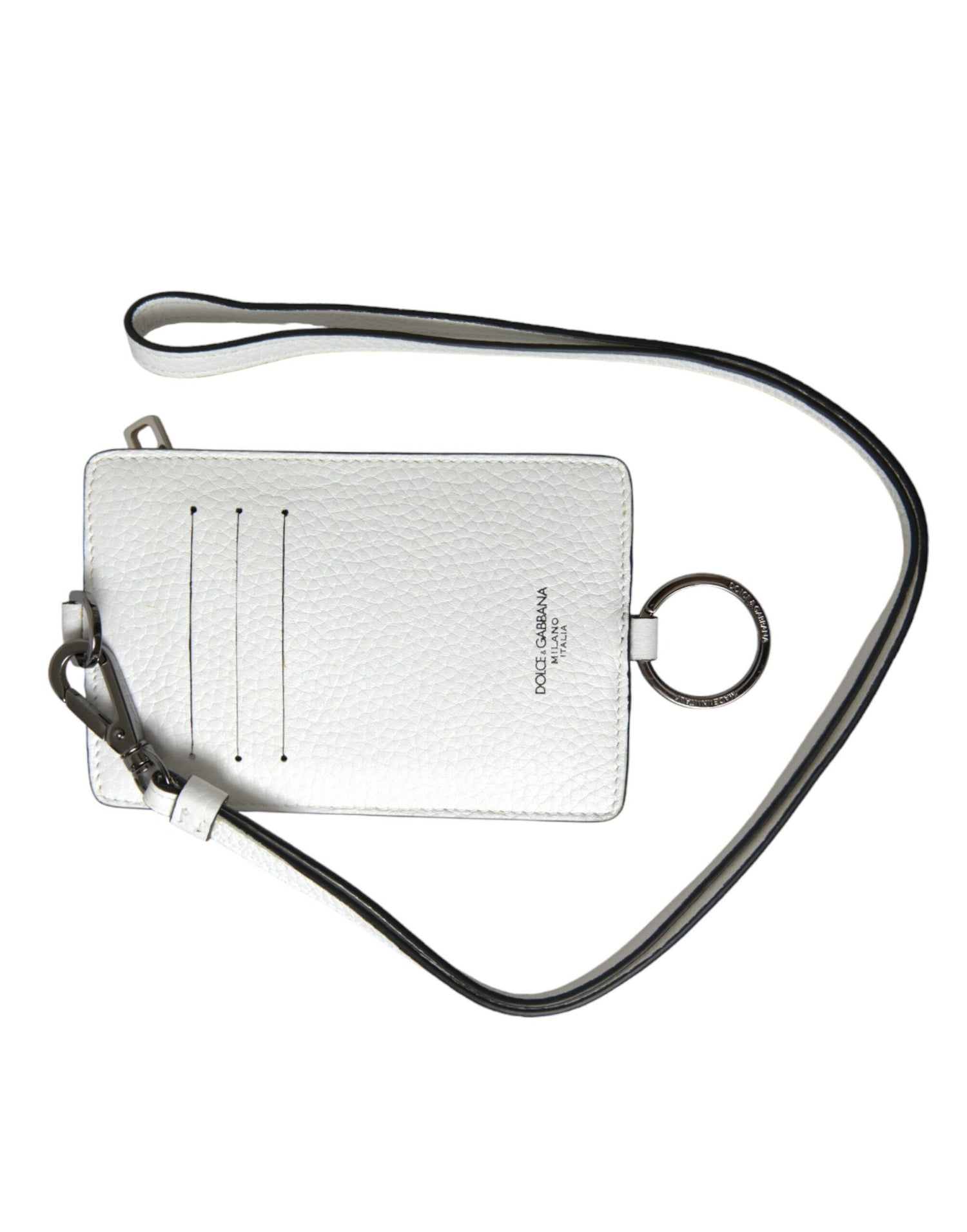 Dolce &amp; Gabbana White Calf Leather Lanyard Logo Card Holder Wallet