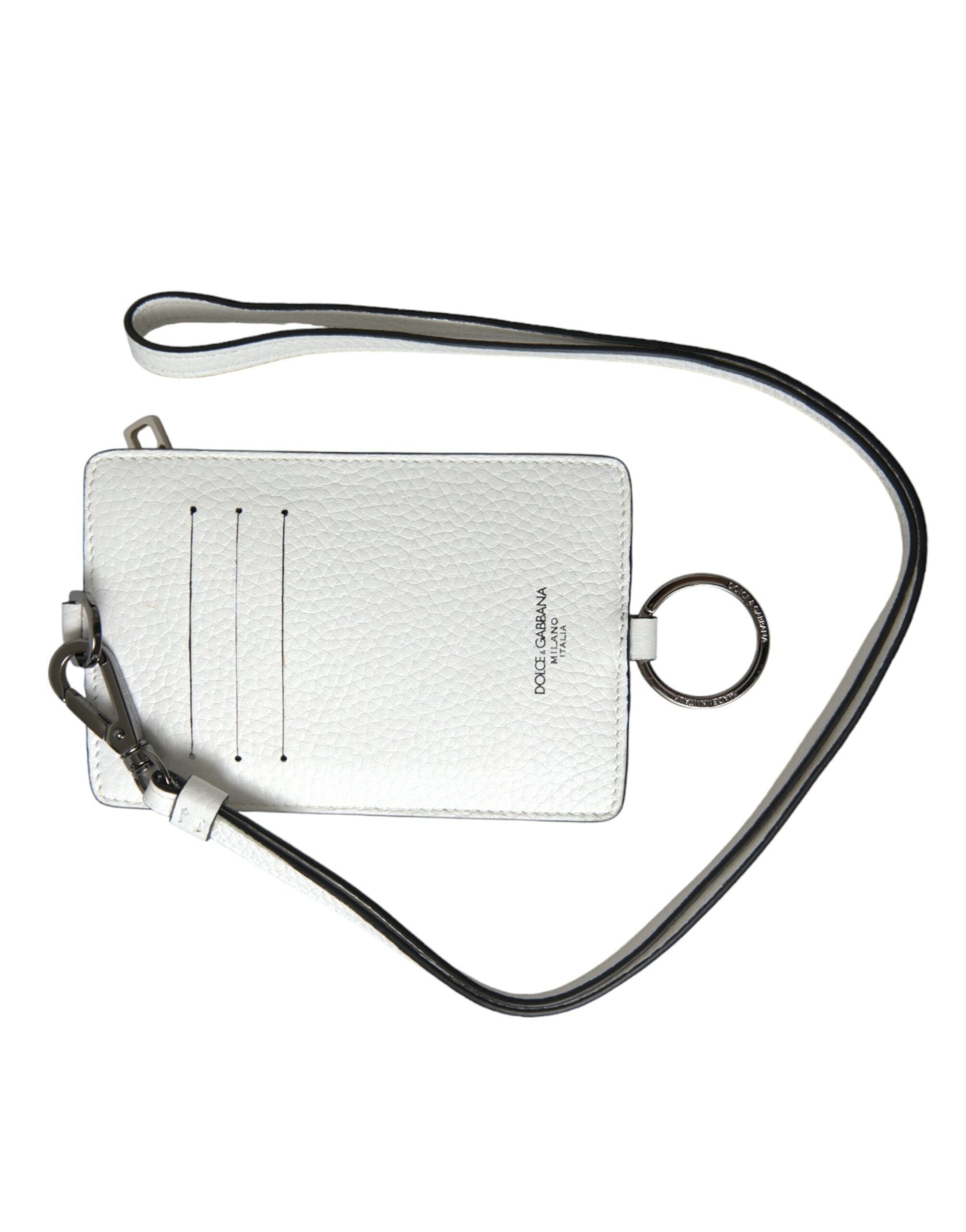 Dolce &amp; Gabbana White Calf Leather Lanyard Logo Card Holder Wallet
