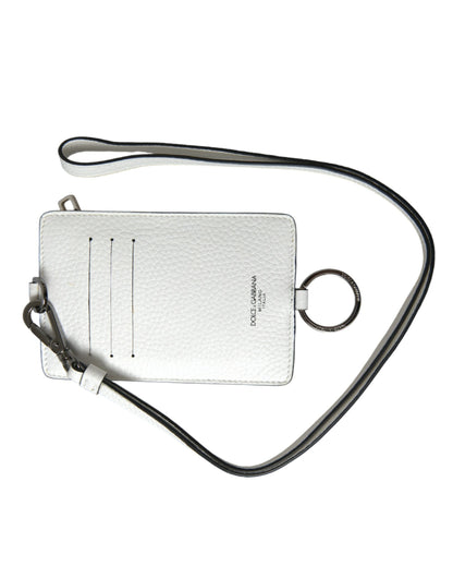 Dolce &amp; Gabbana White Calf Leather Lanyard Logo Card Holder Wallet