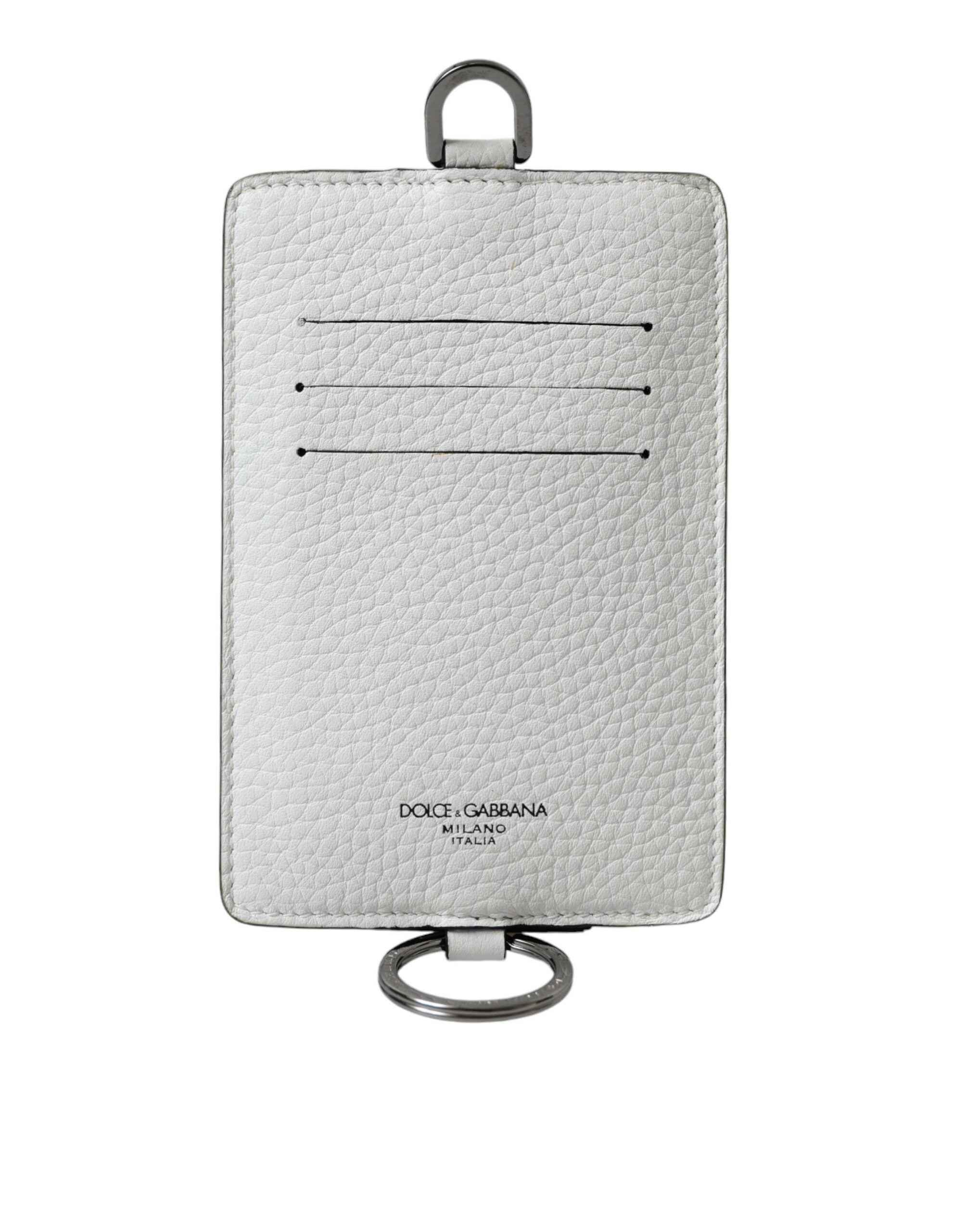 Dolce &amp; Gabbana White Calf Leather Lanyard Logo Card Holder Wallet