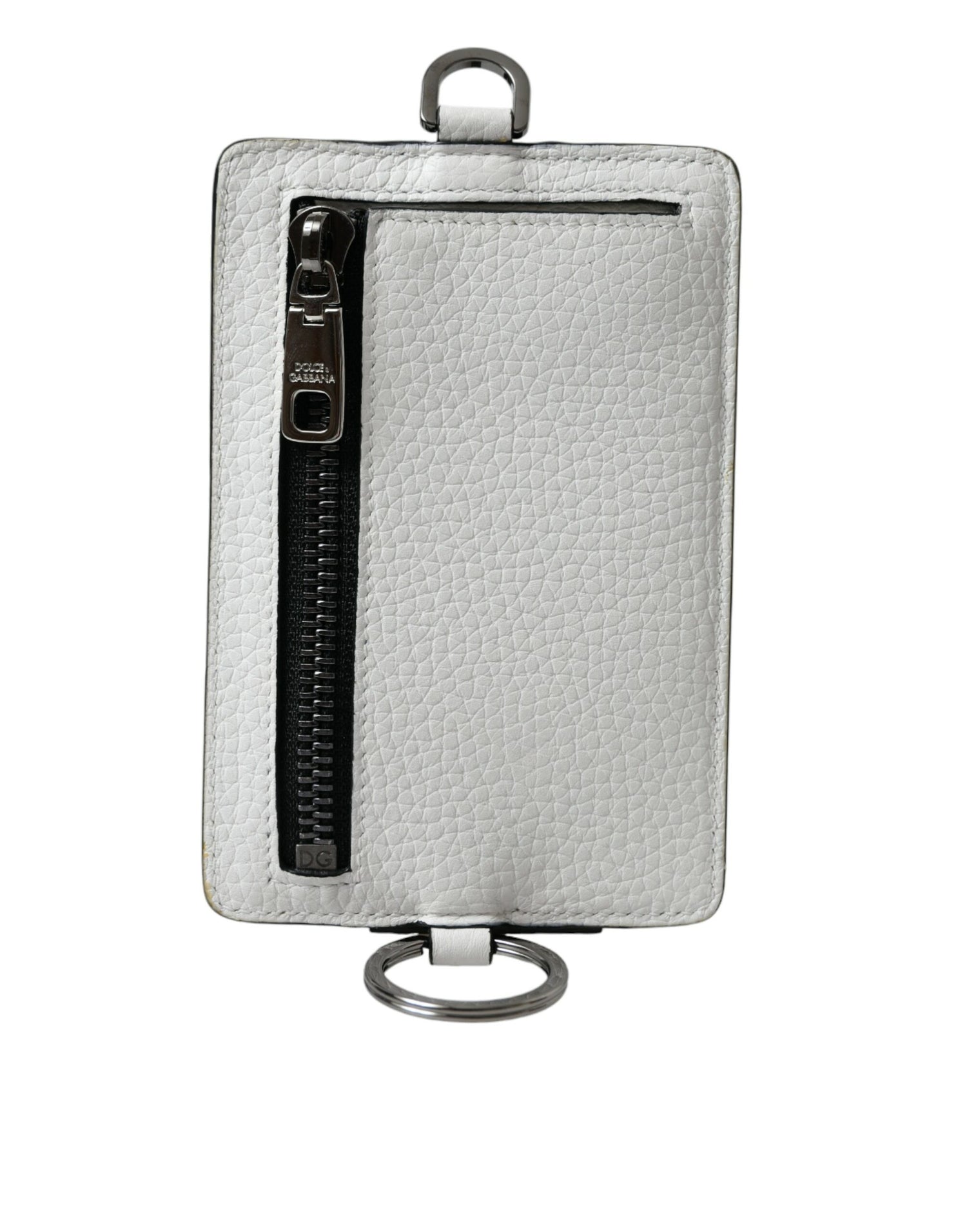 Dolce &amp; Gabbana White Calf Leather Lanyard Logo Card Holder Wallet