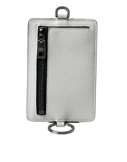 Dolce &amp; Gabbana White Calf Leather Lanyard Logo Card Holder Wallet