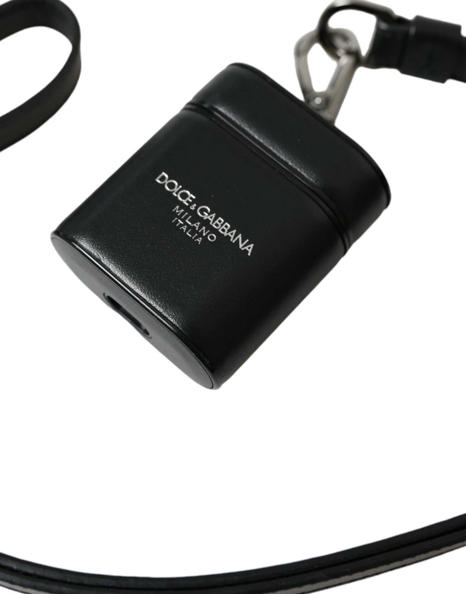 Dolce &amp;amp; Gabbana Svart Läderarmband Silver Metall Logotyp Tryckt Airpods-skal