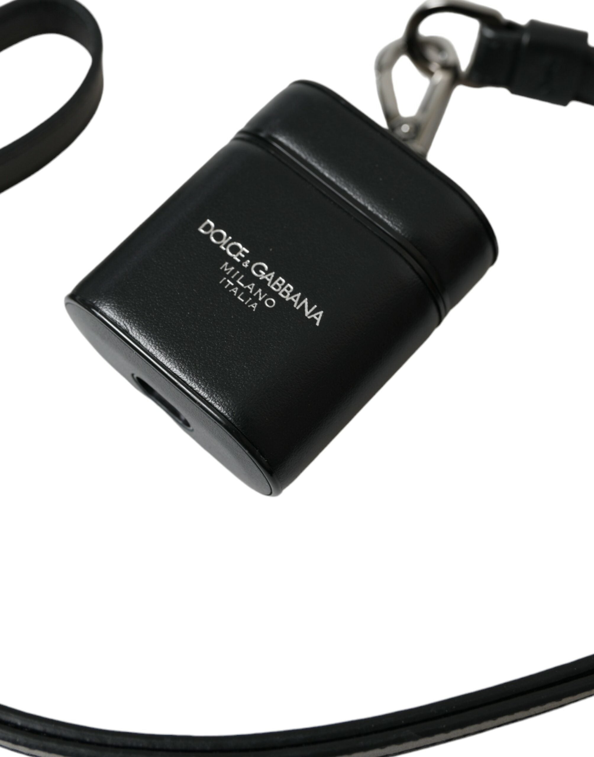 Dolce &amp;amp; Gabbana Svart Läderarmband Silver Metall Logotyp Tryckt Airpods-skal