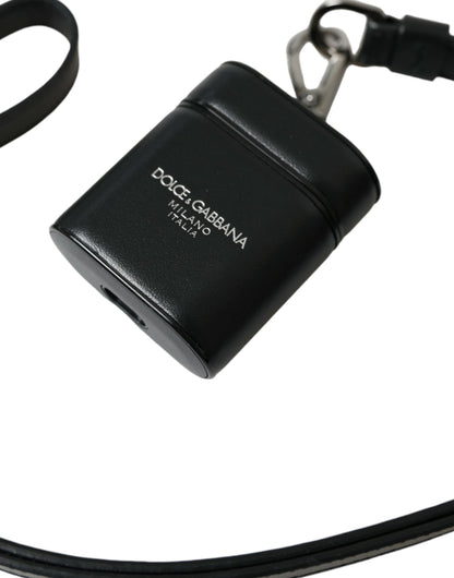 Dolce &amp;amp; Gabbana Svart Läderarmband Silver Metall Logotyp Tryckt Airpods-skal