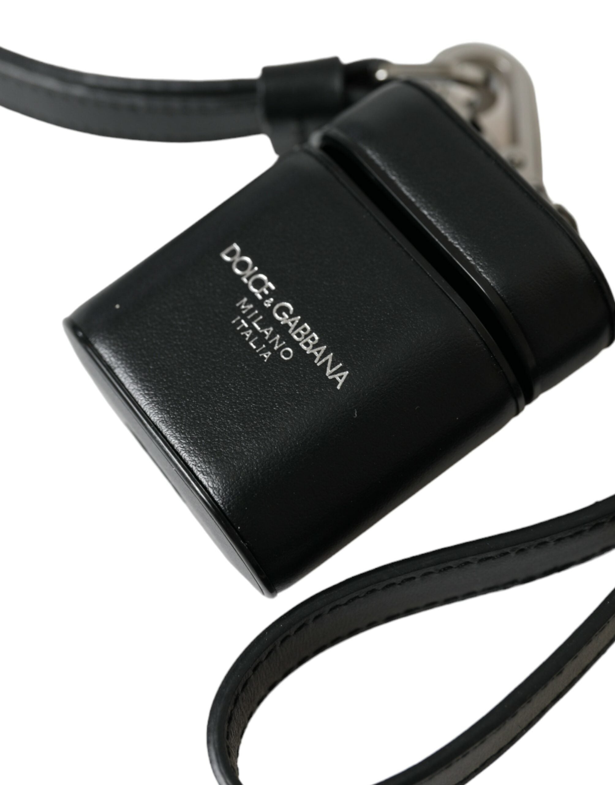 Dolce &amp;amp; Gabbana Svart Läderarmband Silver Metall Logotyp Tryckt Airpods-skal