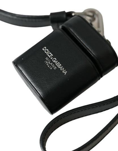 Dolce &amp;amp; Gabbana Svart Läderarmband Silver Metall Logotyp Tryckt Airpods-skal